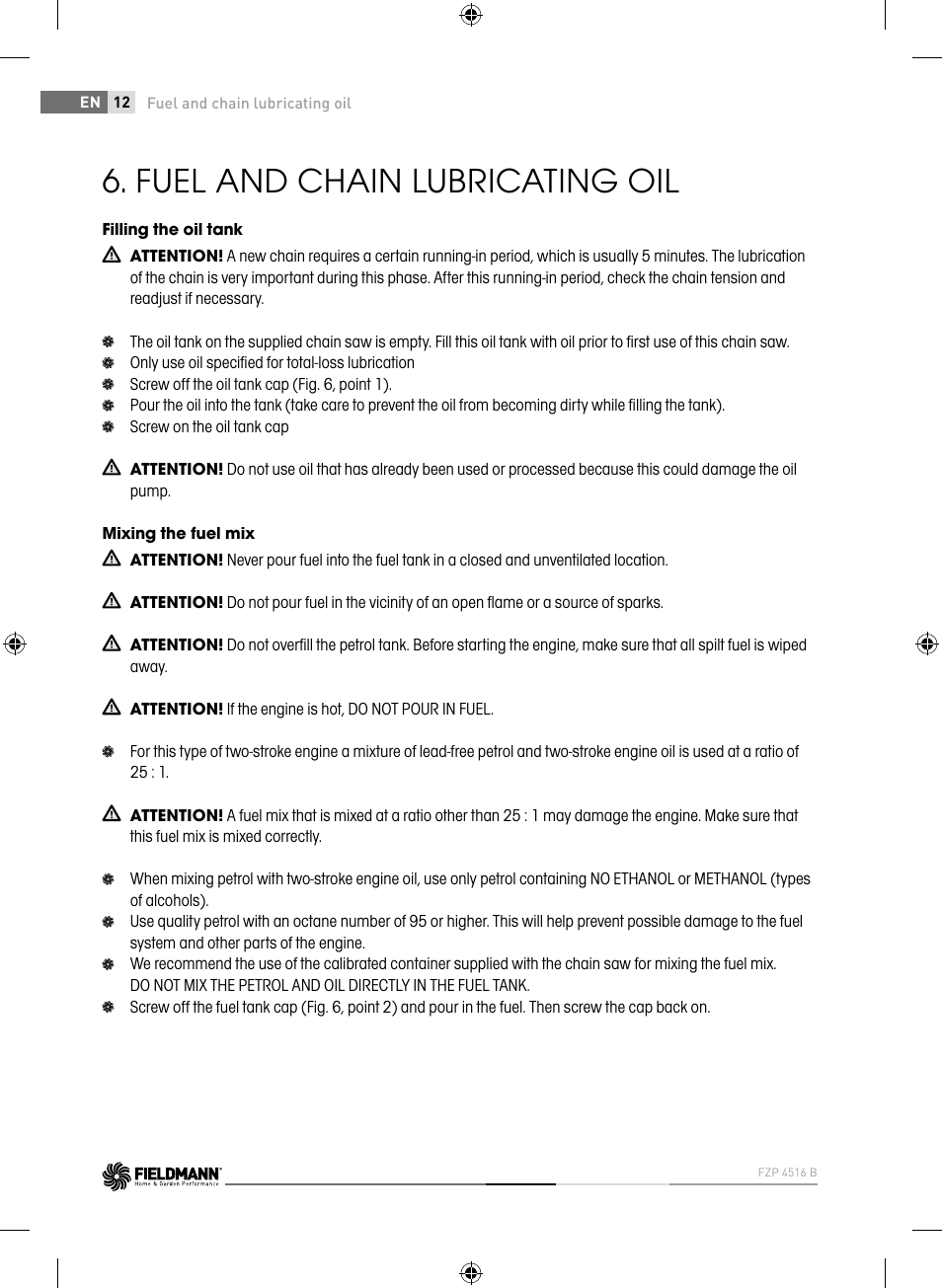 Fuel and chain lubricating oil | Fieldmann FZP 4516-B User Manual | Page 12 / 156