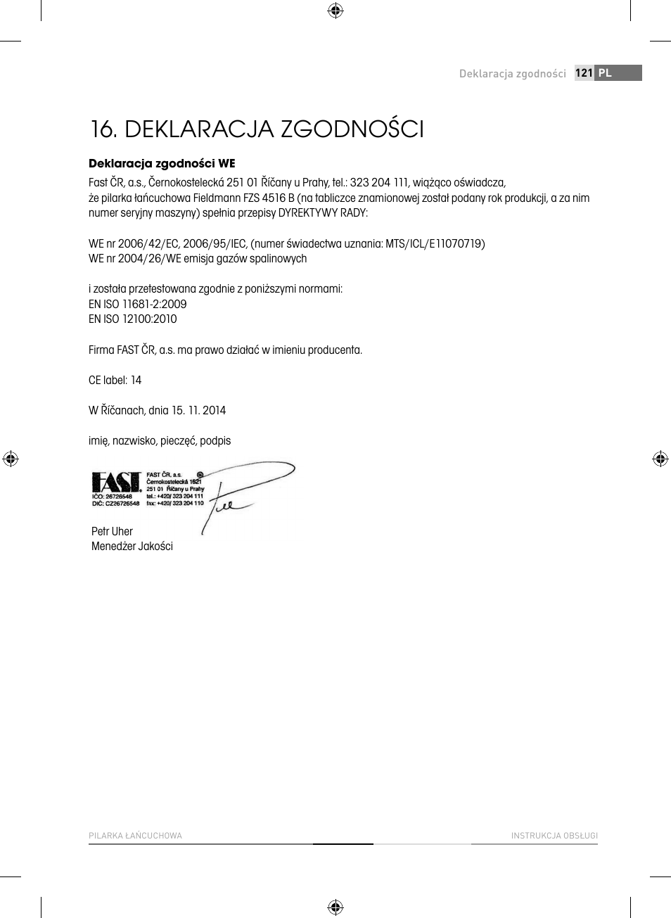 Deklaracja zgodności | Fieldmann FZP 4516-B User Manual | Page 121 / 156