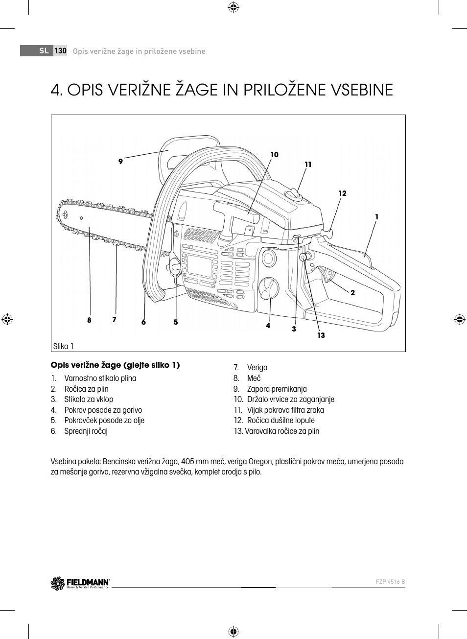 Opis verižne žage in priložene vsebine | Fieldmann FZP 4516-B User Manual | Page 130 / 156