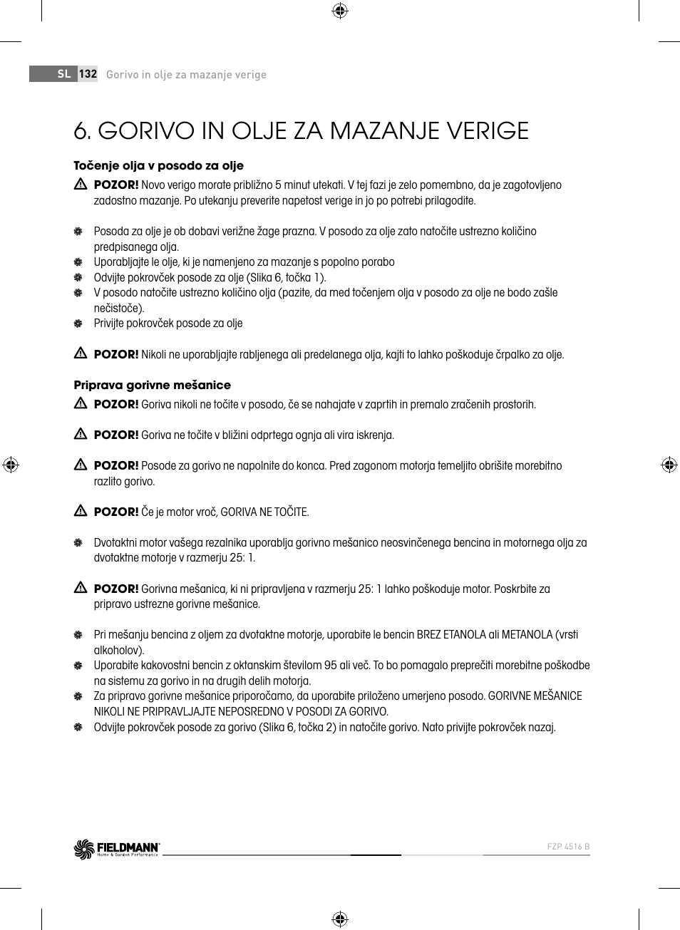 Gorivo in olje za mazanje verige | Fieldmann FZP 4516-B User Manual | Page 132 / 156