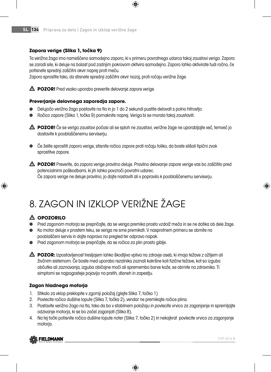 Zagon in izklop verižne žage | Fieldmann FZP 4516-B User Manual | Page 134 / 156
