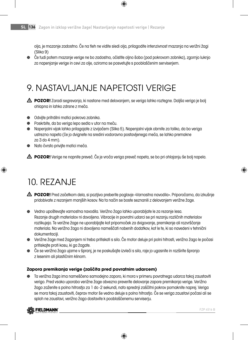 Nastavljanje napetosti verige, Rezanje | Fieldmann FZP 4516-B User Manual | Page 136 / 156