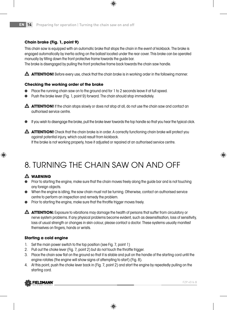 Turning the chain saw on and off | Fieldmann FZP 4516-B User Manual | Page 14 / 156
