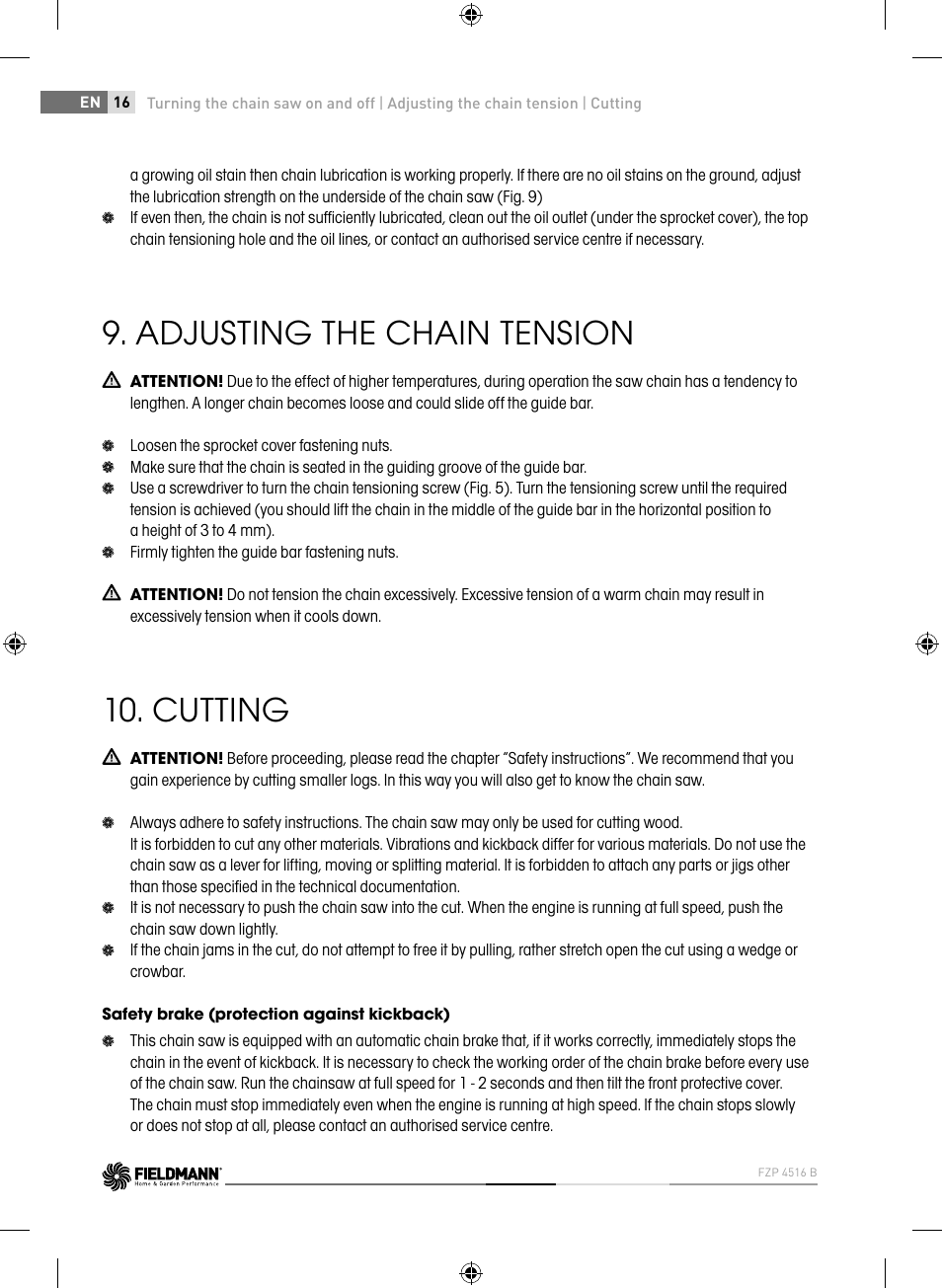 Adjusting the chain tension, Cutting | Fieldmann FZP 4516-B User Manual | Page 16 / 156