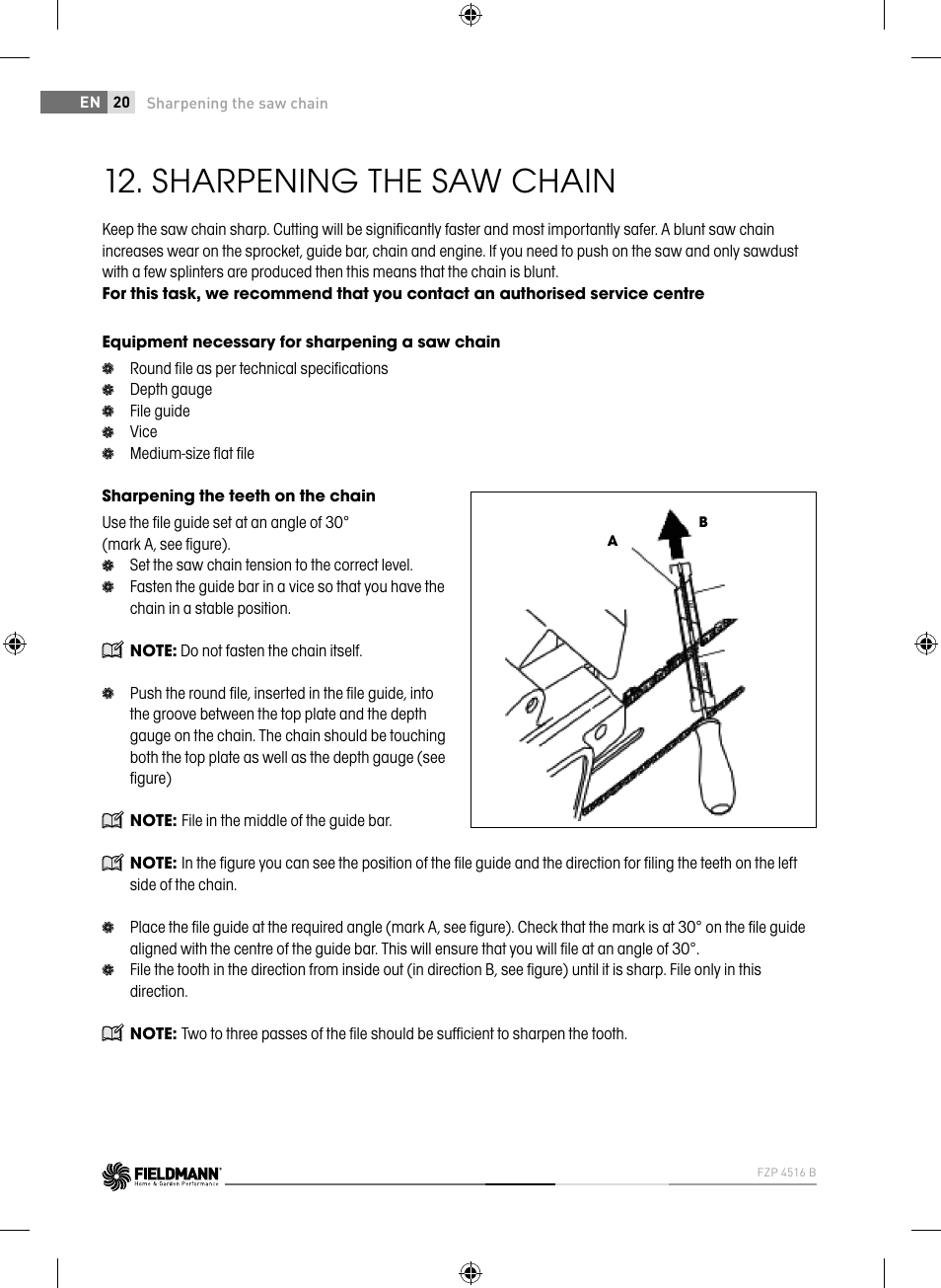 Sharpening the saw chain | Fieldmann FZP 4516-B User Manual | Page 20 / 156