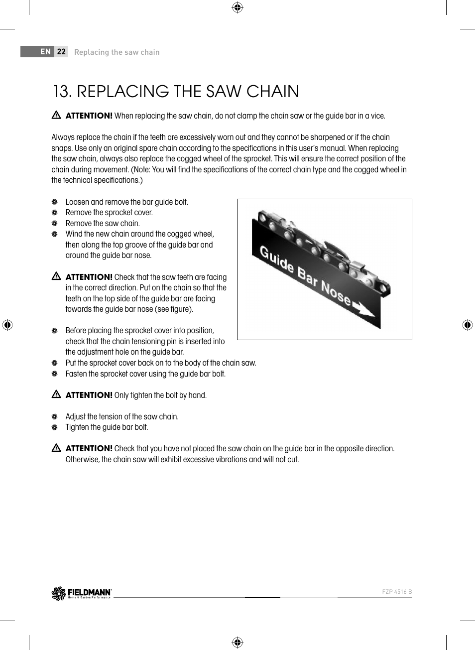 Replacing the saw chain | Fieldmann FZP 4516-B User Manual | Page 22 / 156