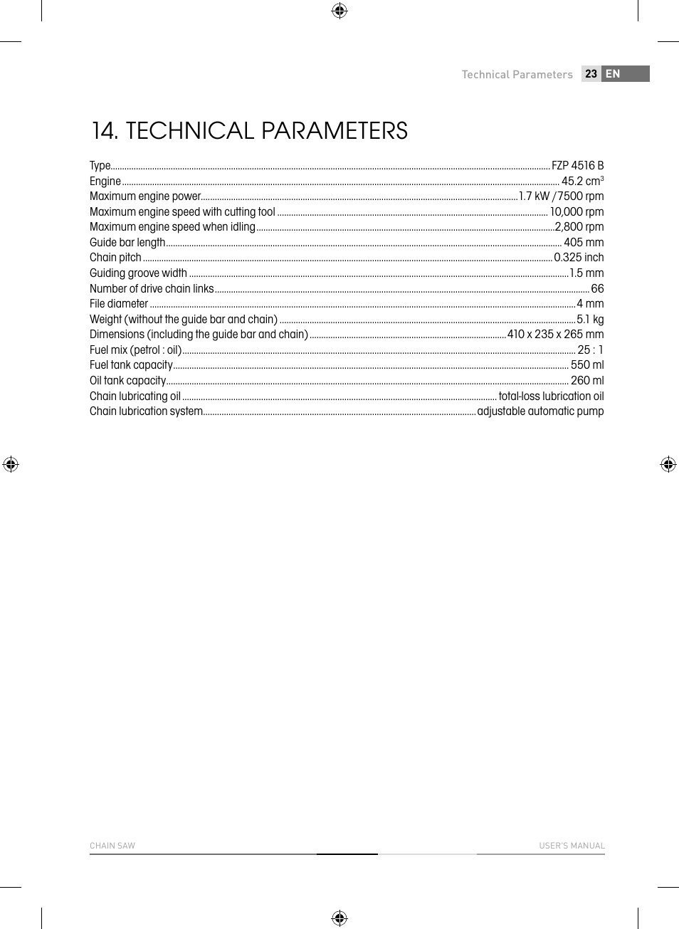 Technical parameters | Fieldmann FZP 4516-B User Manual | Page 23 / 156