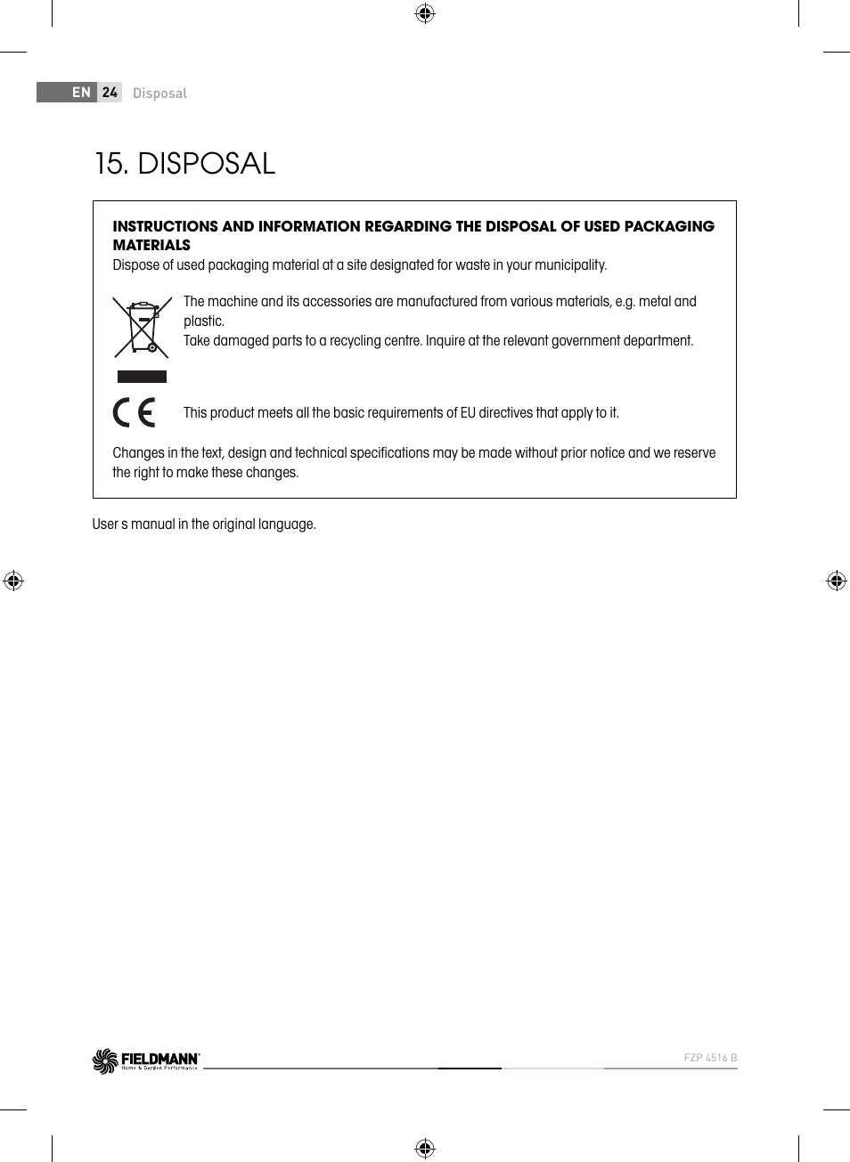 Disposal | Fieldmann FZP 4516-B User Manual | Page 24 / 156