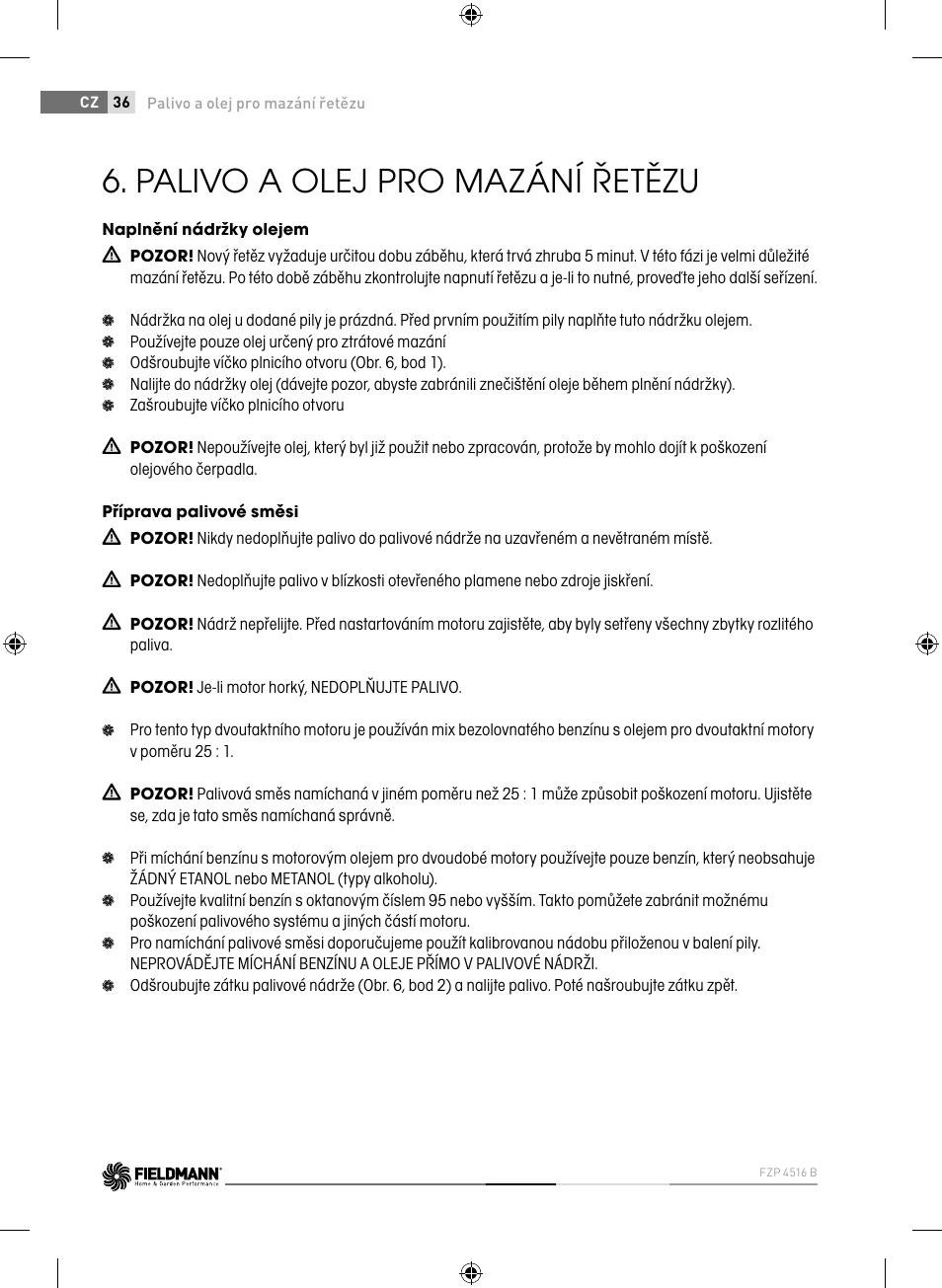 Palivo a olej pro mazání řetězu | Fieldmann FZP 4516-B User Manual | Page 36 / 156