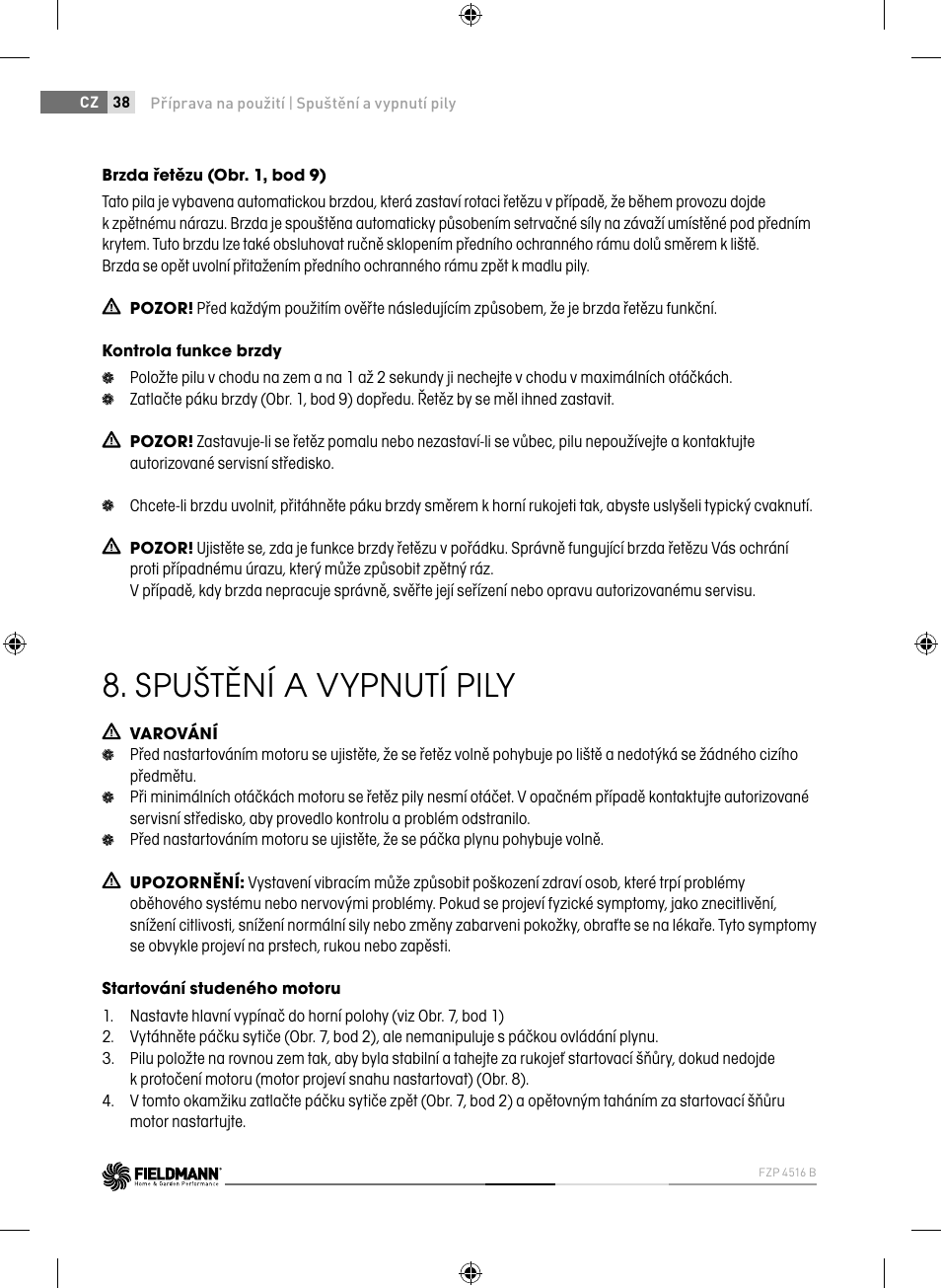 Spuštění a vypnutí pily | Fieldmann FZP 4516-B User Manual | Page 38 / 156