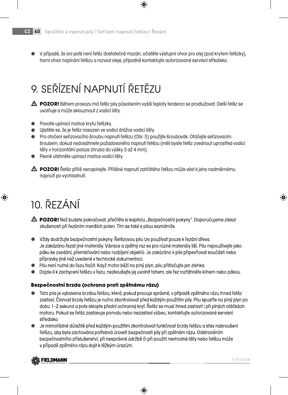 Seřízení napnutí řetězu | Fieldmann FZP 4516-B User Manual | Page 40 / 156