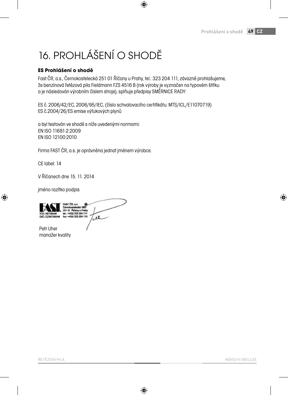 Prohlášení o shodě | Fieldmann FZP 4516-B User Manual | Page 49 / 156