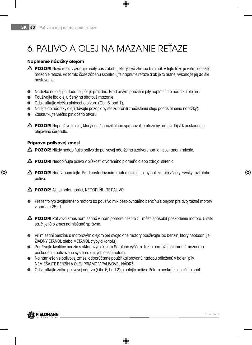 Palivo a olej na mazanie reťaze | Fieldmann FZP 4516-B User Manual | Page 60 / 156