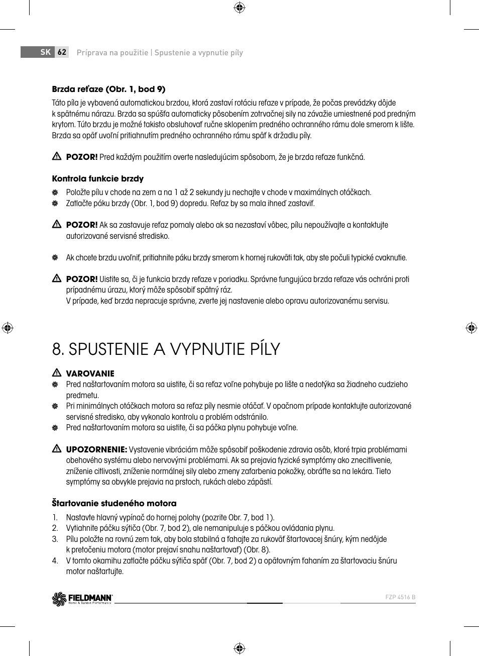 Spustenie a vypnutie píly | Fieldmann FZP 4516-B User Manual | Page 62 / 156