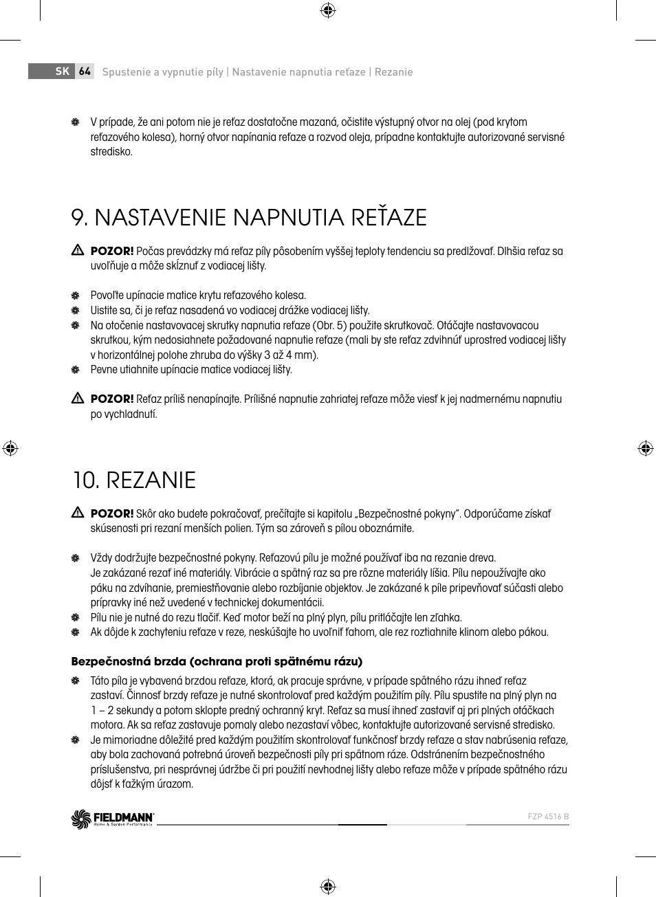 Nastavenie napnutia reťaze, Rezanie | Fieldmann FZP 4516-B User Manual | Page 64 / 156