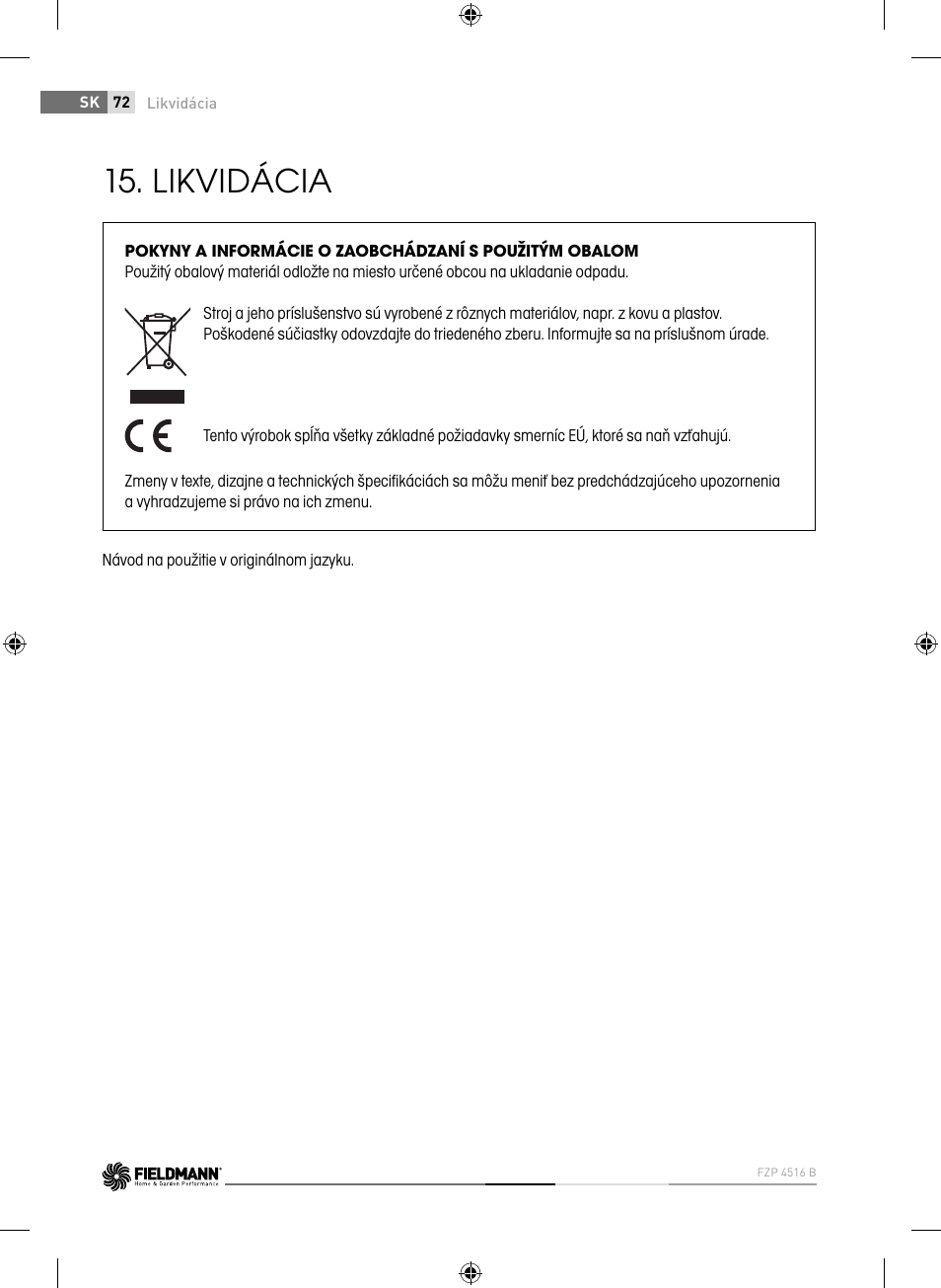Likvidácia | Fieldmann FZP 4516-B User Manual | Page 72 / 156