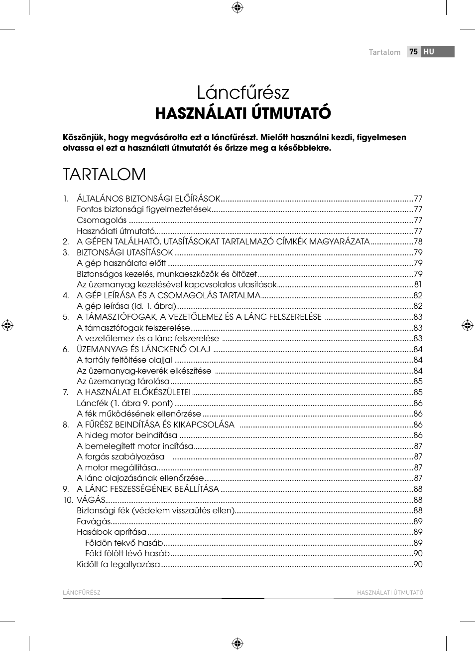 Láncfűrész, Tartalom, Használati útmutató | Fieldmann FZP 4516-B User Manual | Page 75 / 156