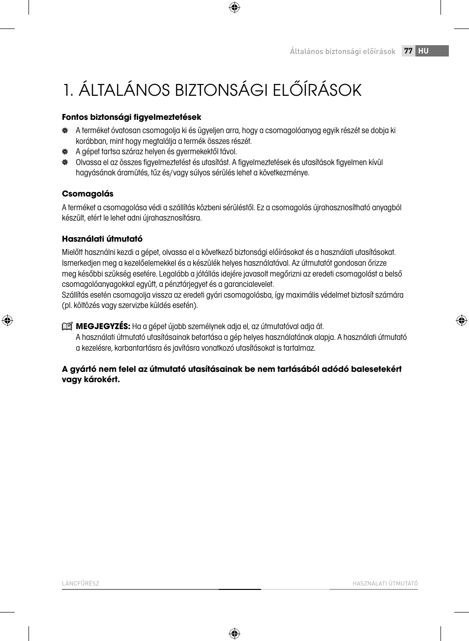 Általános biztonsági előírások | Fieldmann FZP 4516-B User Manual | Page 77 / 156