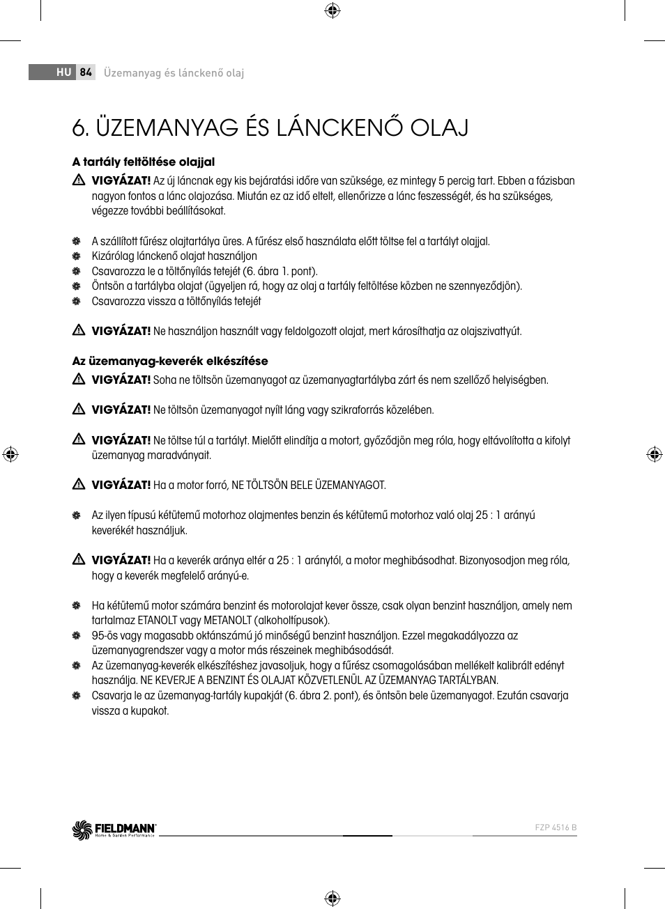 Üzemanyag és lánckenő olaj | Fieldmann FZP 4516-B User Manual | Page 84 / 156