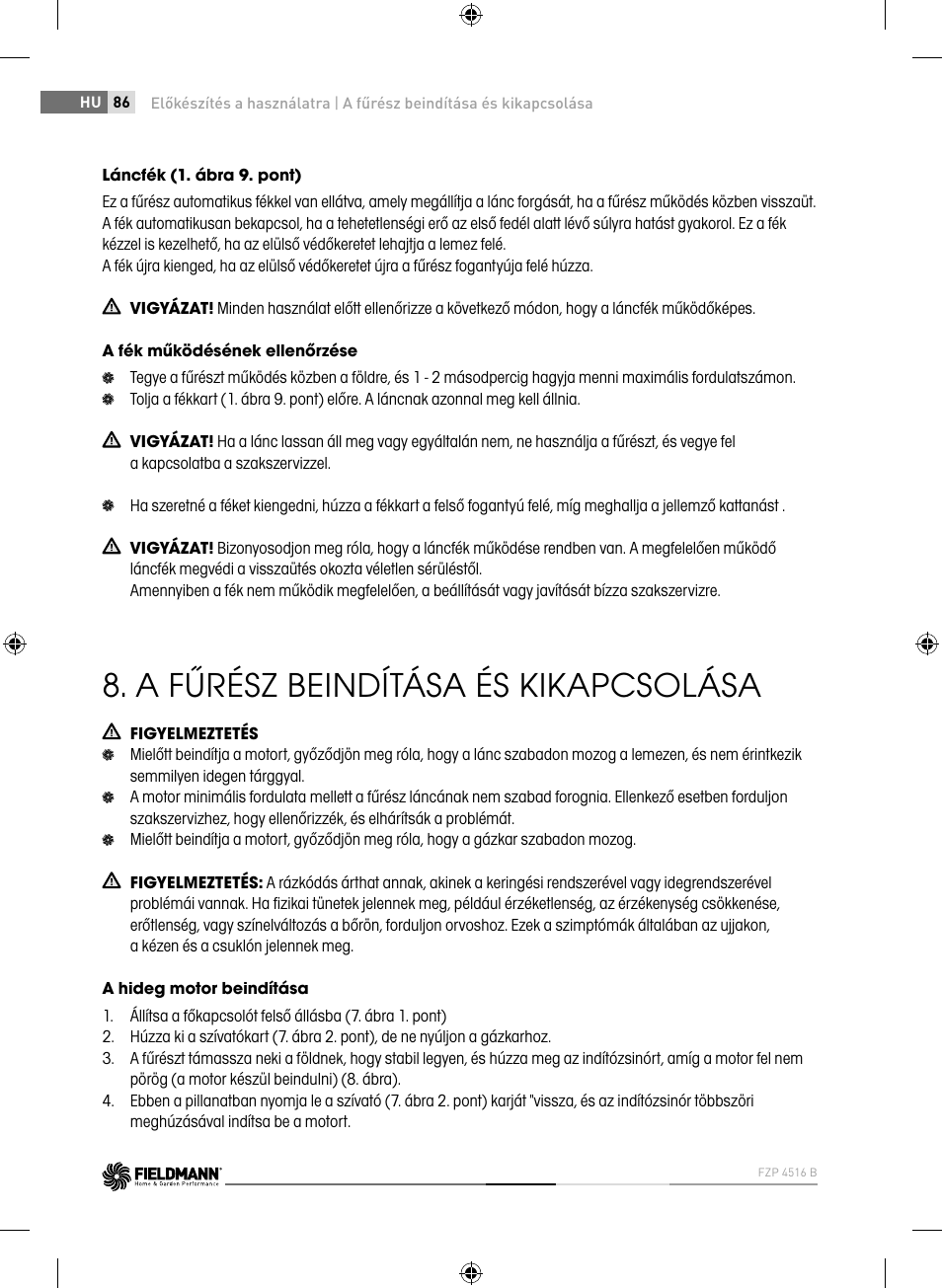 A fűrész beindítása és kikapcsolása | Fieldmann FZP 4516-B User Manual | Page 86 / 156