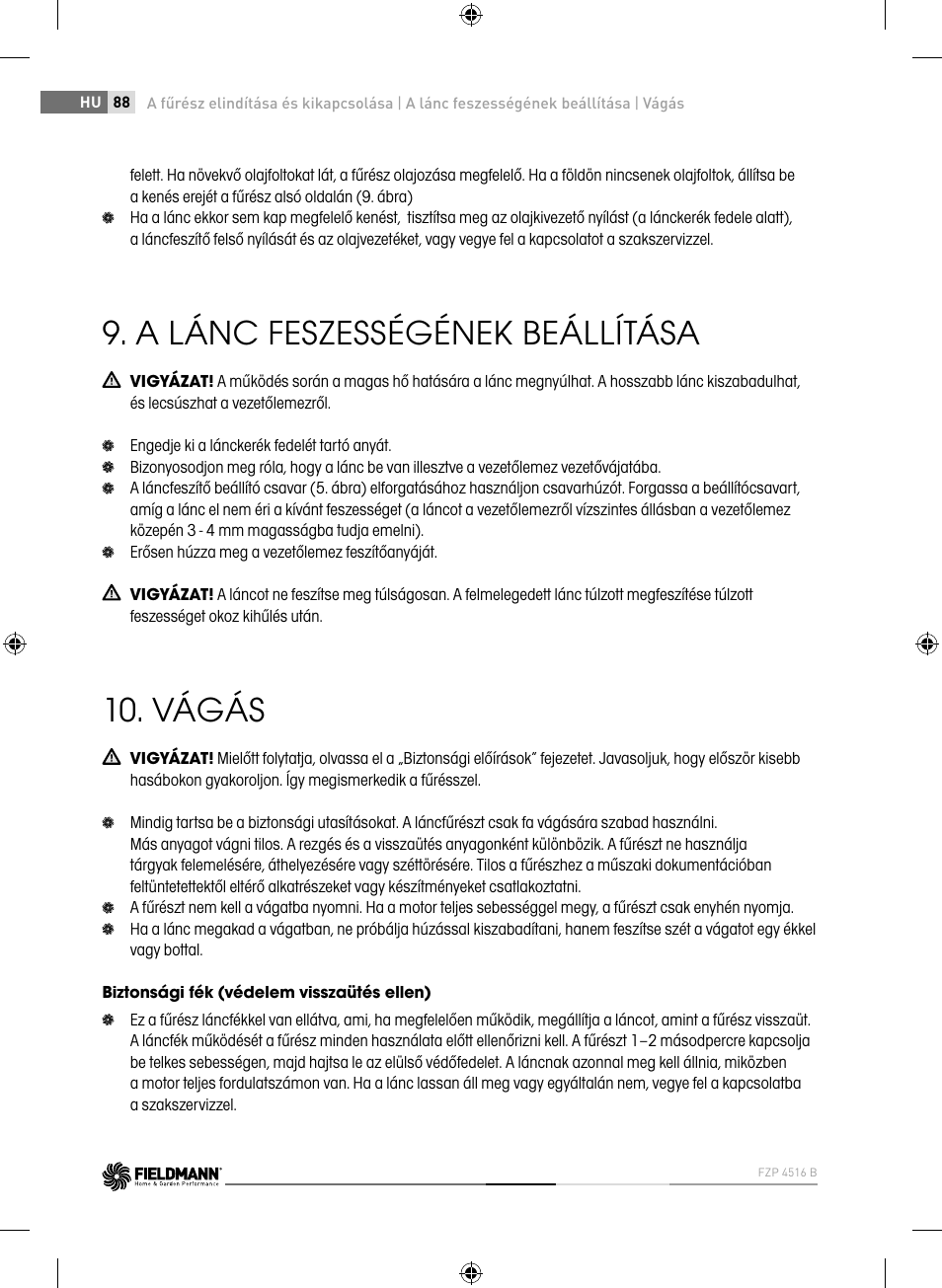 A lánc feszességének beállítása, Vágás | Fieldmann FZP 4516-B User Manual | Page 88 / 156