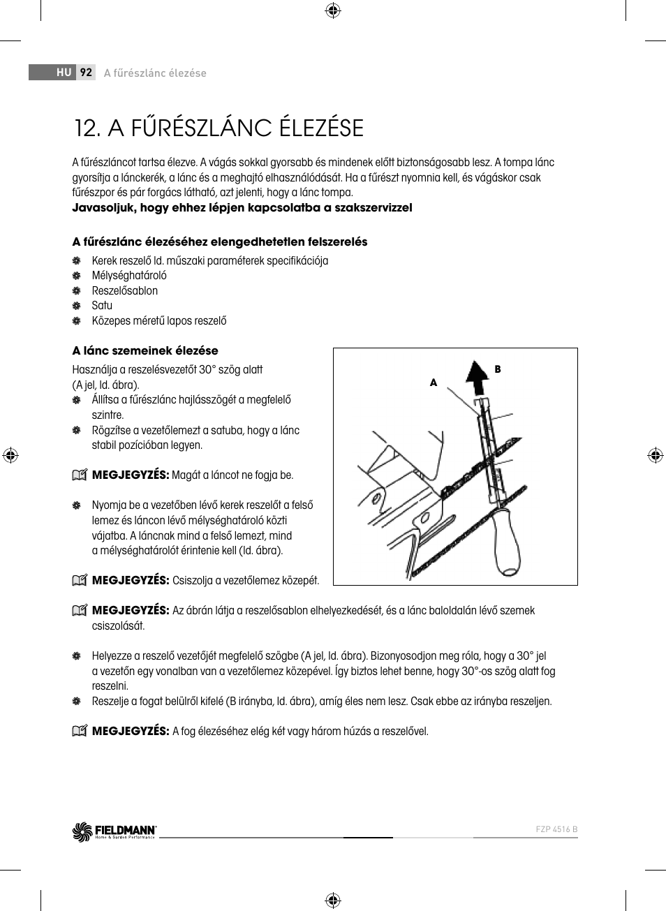 A fűrészlánc élezése | Fieldmann FZP 4516-B User Manual | Page 92 / 156