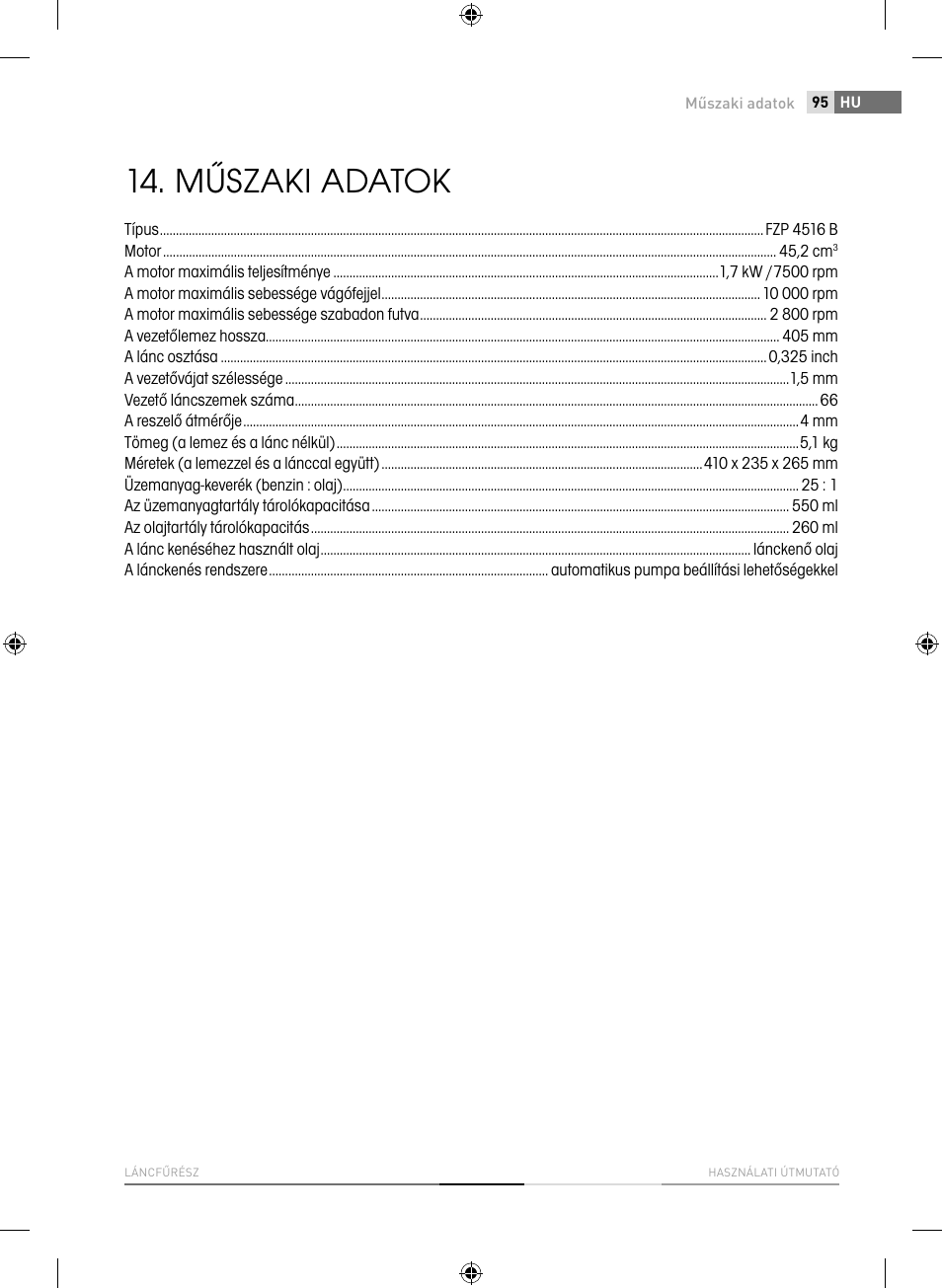 Műszaki adatok | Fieldmann FZP 4516-B User Manual | Page 95 / 156