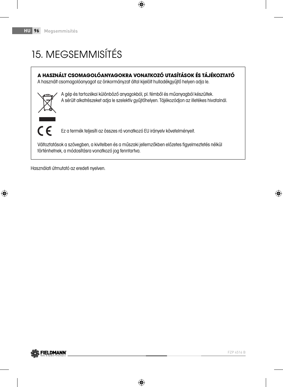 Megsemmisítés | Fieldmann FZP 4516-B User Manual | Page 96 / 156