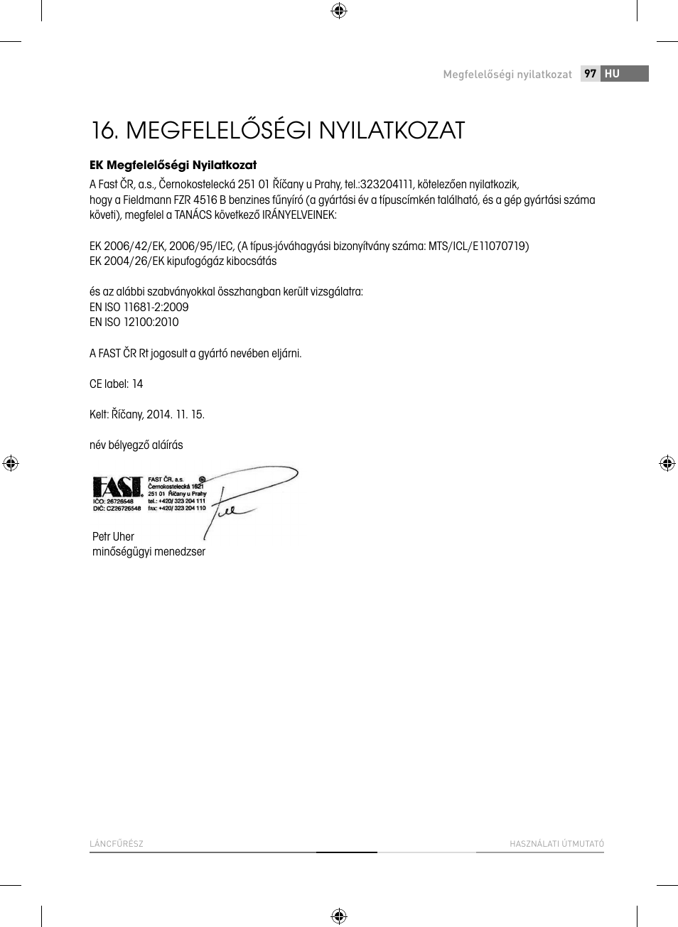Megfelelőségi nyilatkozat | Fieldmann FZP 4516-B User Manual | Page 97 / 156