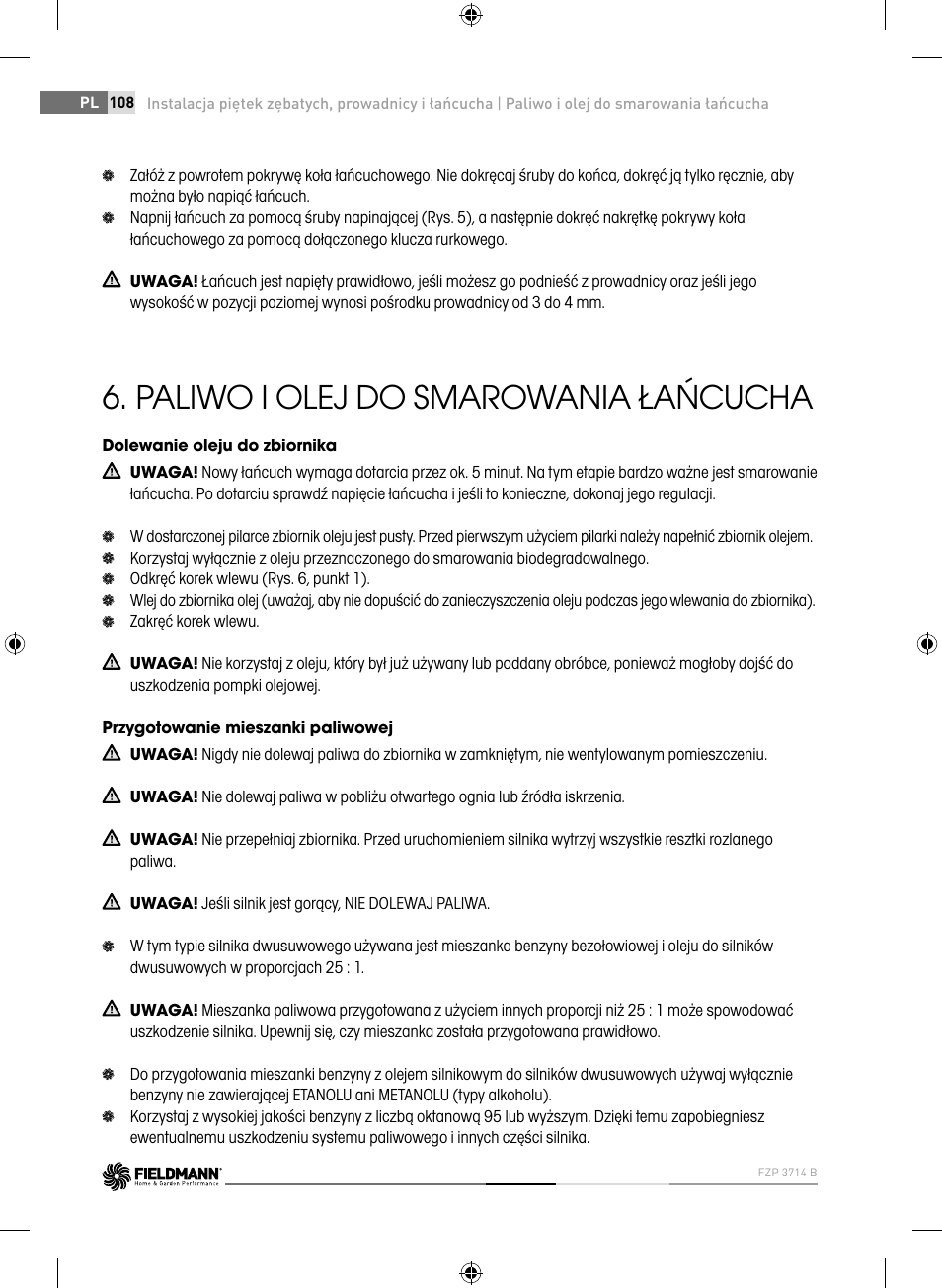 Paliwo i olej do smarowania łańcucha | Fieldmann FZP 3714-B User Manual | Page 108 / 156