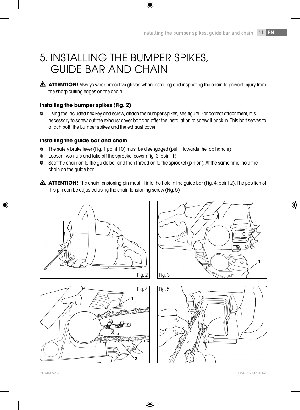 Installing the bumper spikes, guide bar and chain | Fieldmann FZP 3714-B User Manual | Page 11 / 156