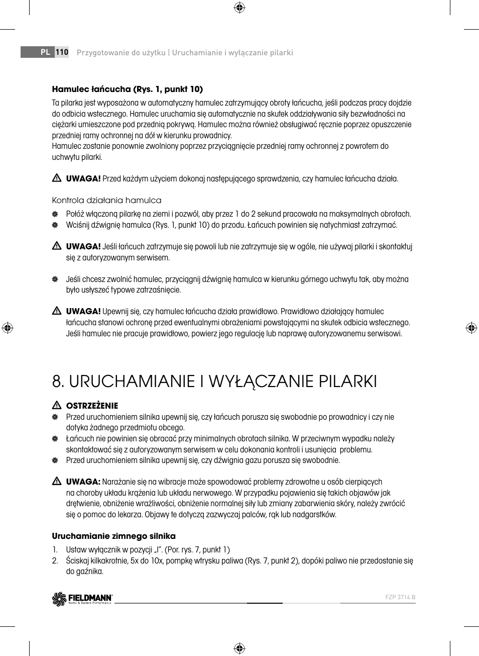Uruchamianie i wyłączanie pilarki | Fieldmann FZP 3714-B User Manual | Page 110 / 156