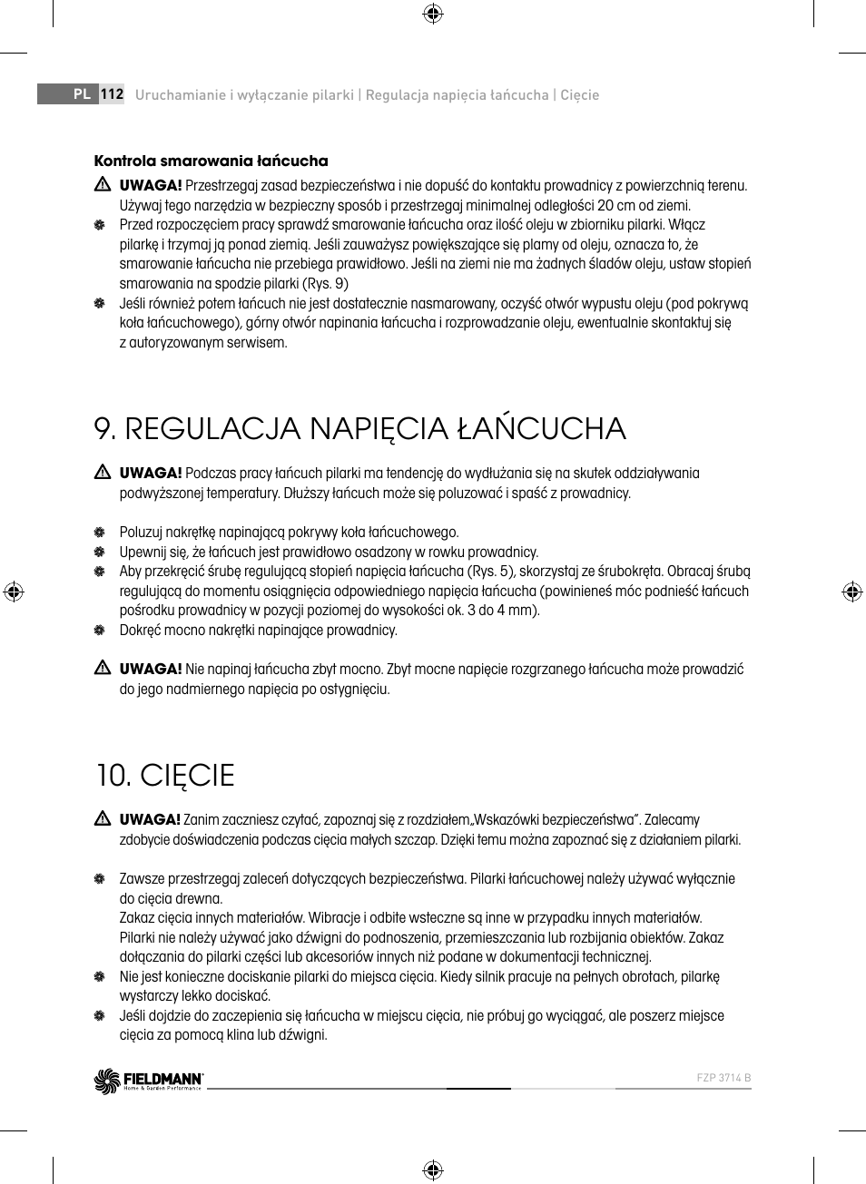 Regulacja napięcia łańcucha, Cięcie | Fieldmann FZP 3714-B User Manual | Page 112 / 156