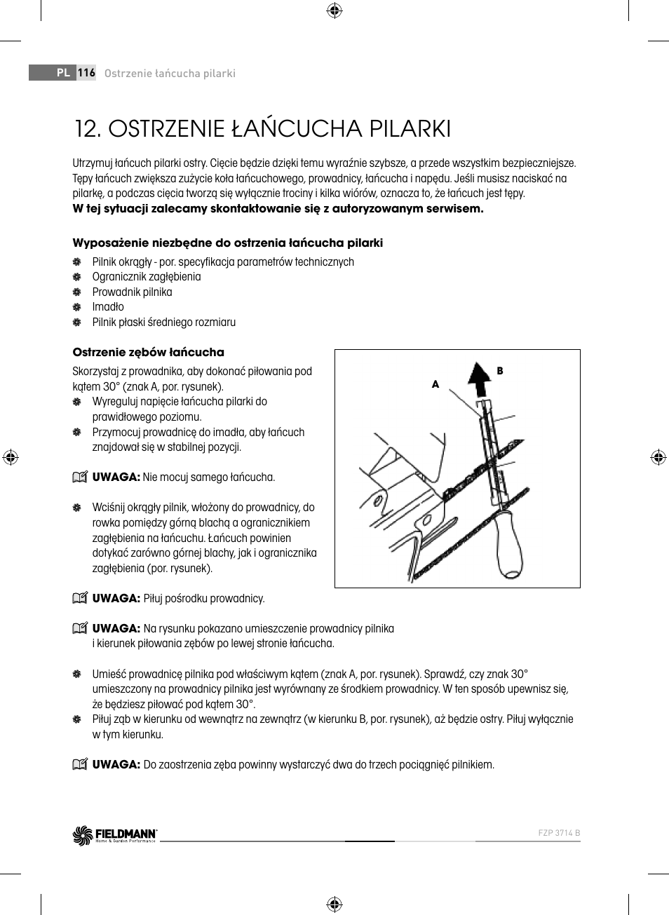 Ostrzenie łańcucha pilarki | Fieldmann FZP 3714-B User Manual | Page 116 / 156