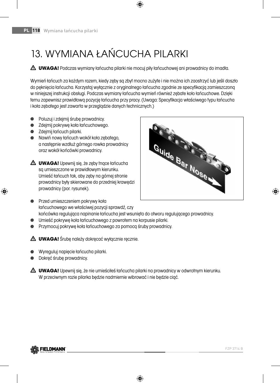 Wymiana łańcucha pilarki | Fieldmann FZP 3714-B User Manual | Page 118 / 156