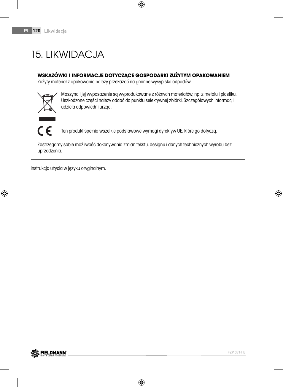 Likwidacja | Fieldmann FZP 3714-B User Manual | Page 120 / 156