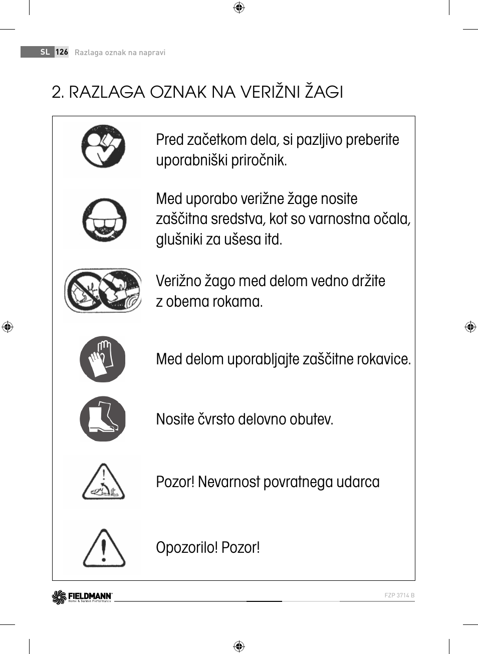 Razlaga oznak na verižni žagi | Fieldmann FZP 3714-B User Manual | Page 126 / 156