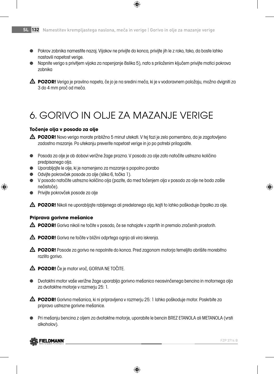 Gorivo in olje za mazanje verige | Fieldmann FZP 3714-B User Manual | Page 132 / 156
