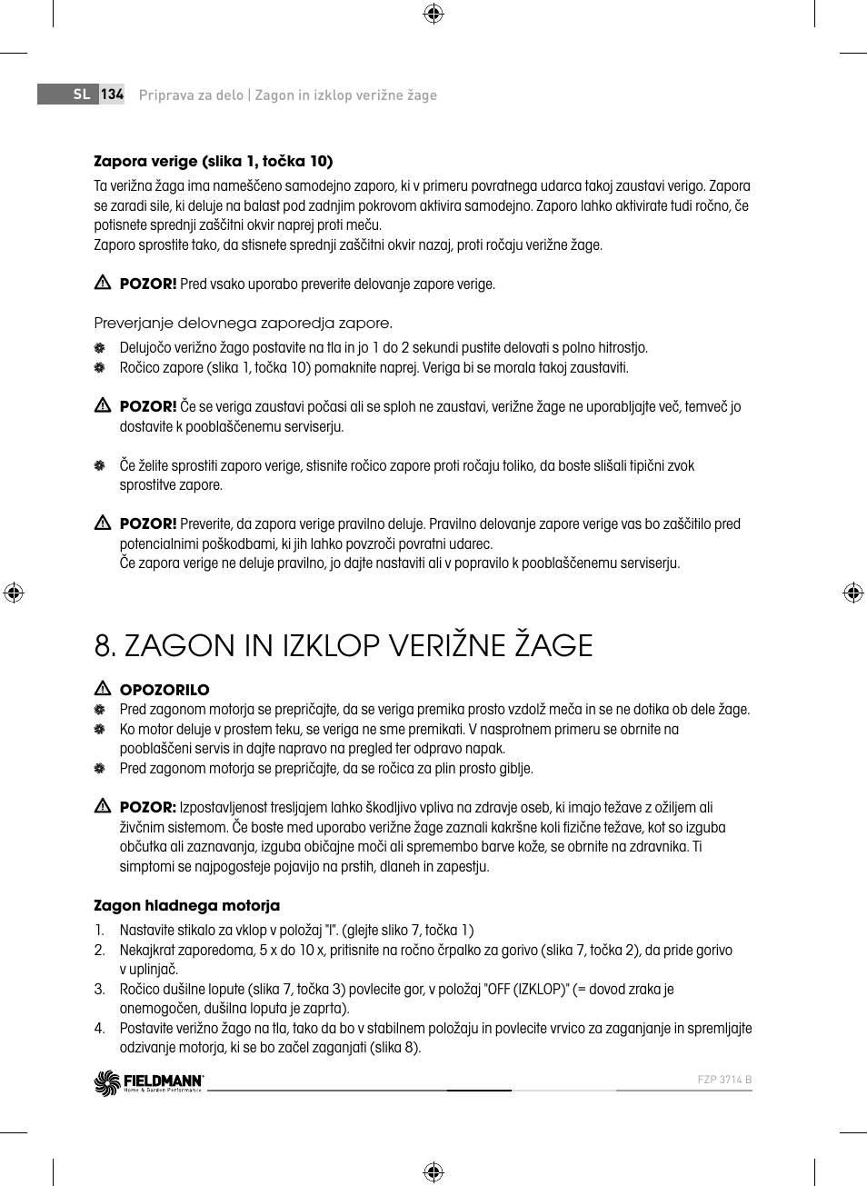Zagon in izklop verižne žage | Fieldmann FZP 3714-B User Manual | Page 134 / 156