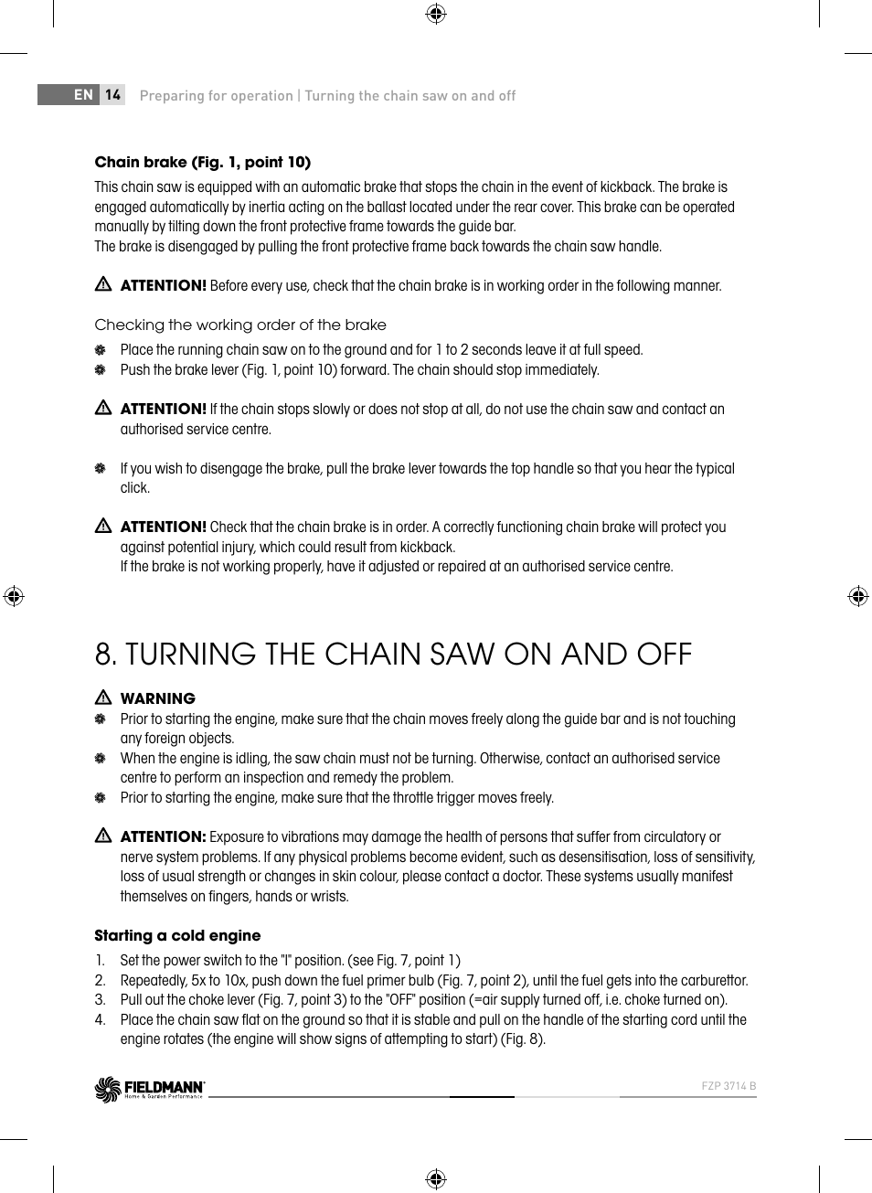 Turning the chain saw on and off | Fieldmann FZP 3714-B User Manual | Page 14 / 156