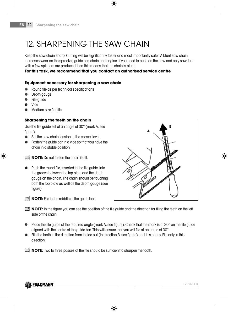 Sharpening the saw chain | Fieldmann FZP 3714-B User Manual | Page 20 / 156