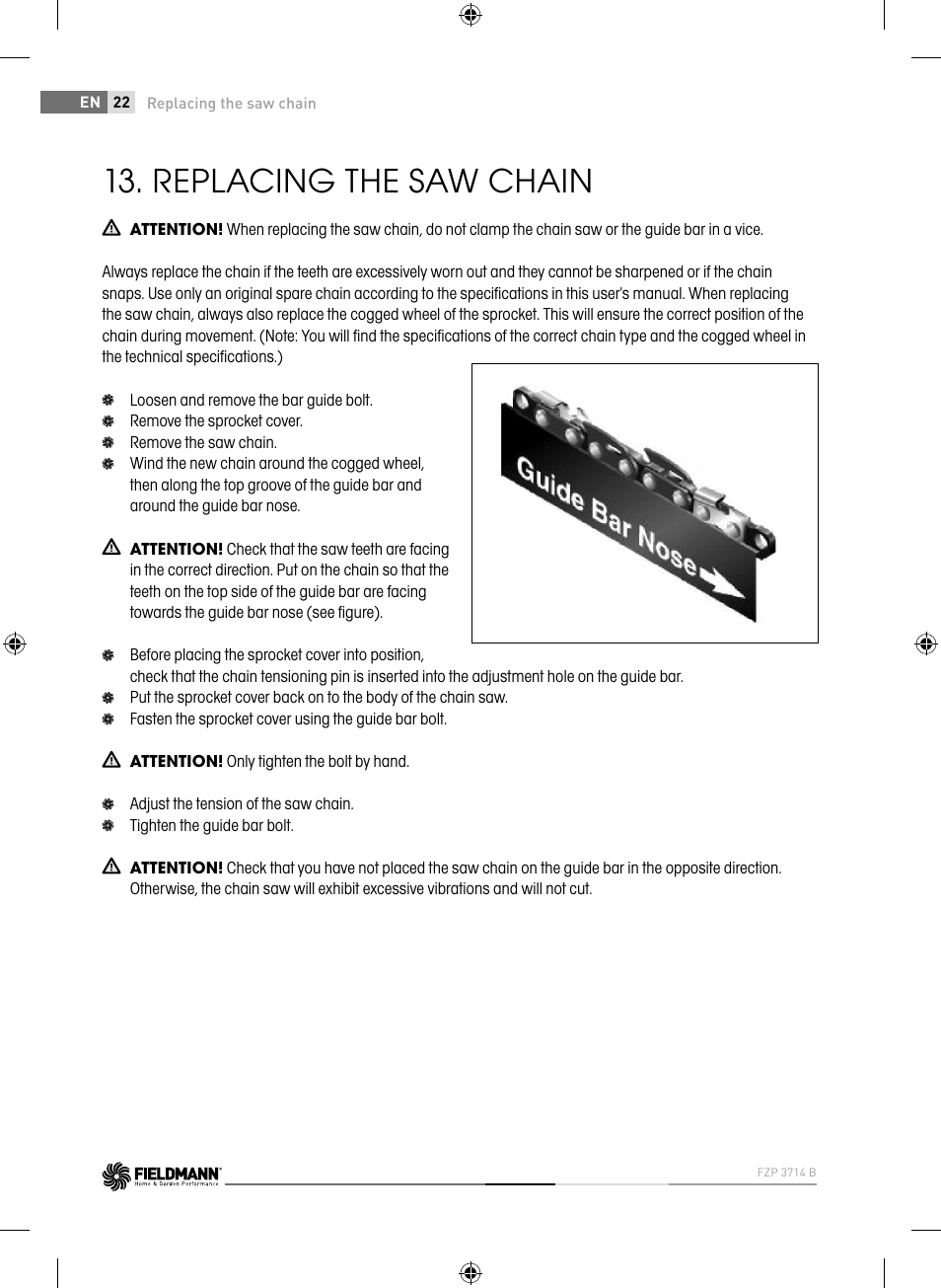 Replacing the saw chain | Fieldmann FZP 3714-B User Manual | Page 22 / 156