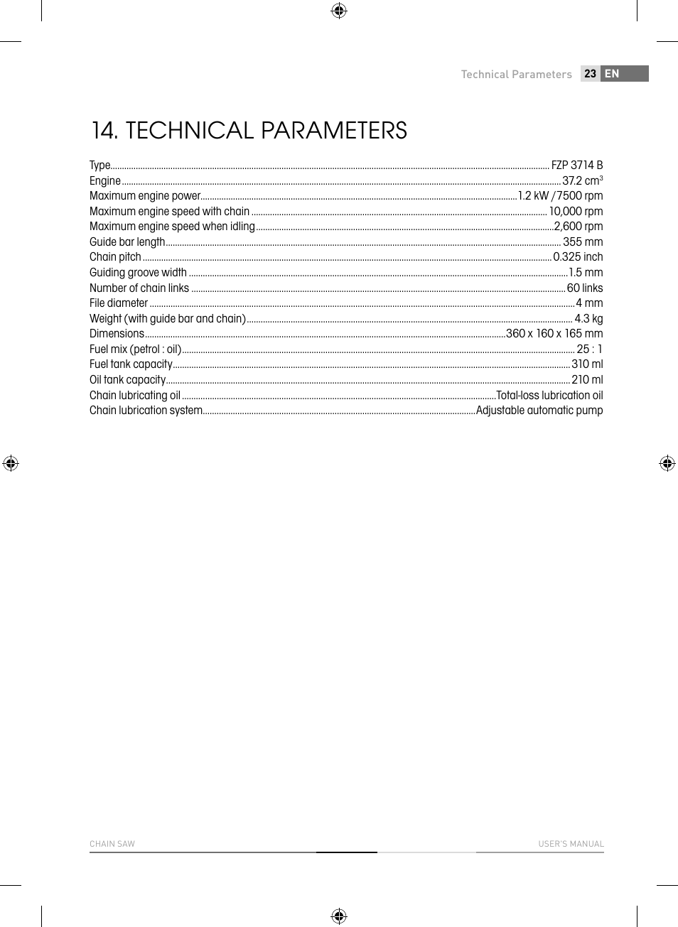 Technical parameters | Fieldmann FZP 3714-B User Manual | Page 23 / 156