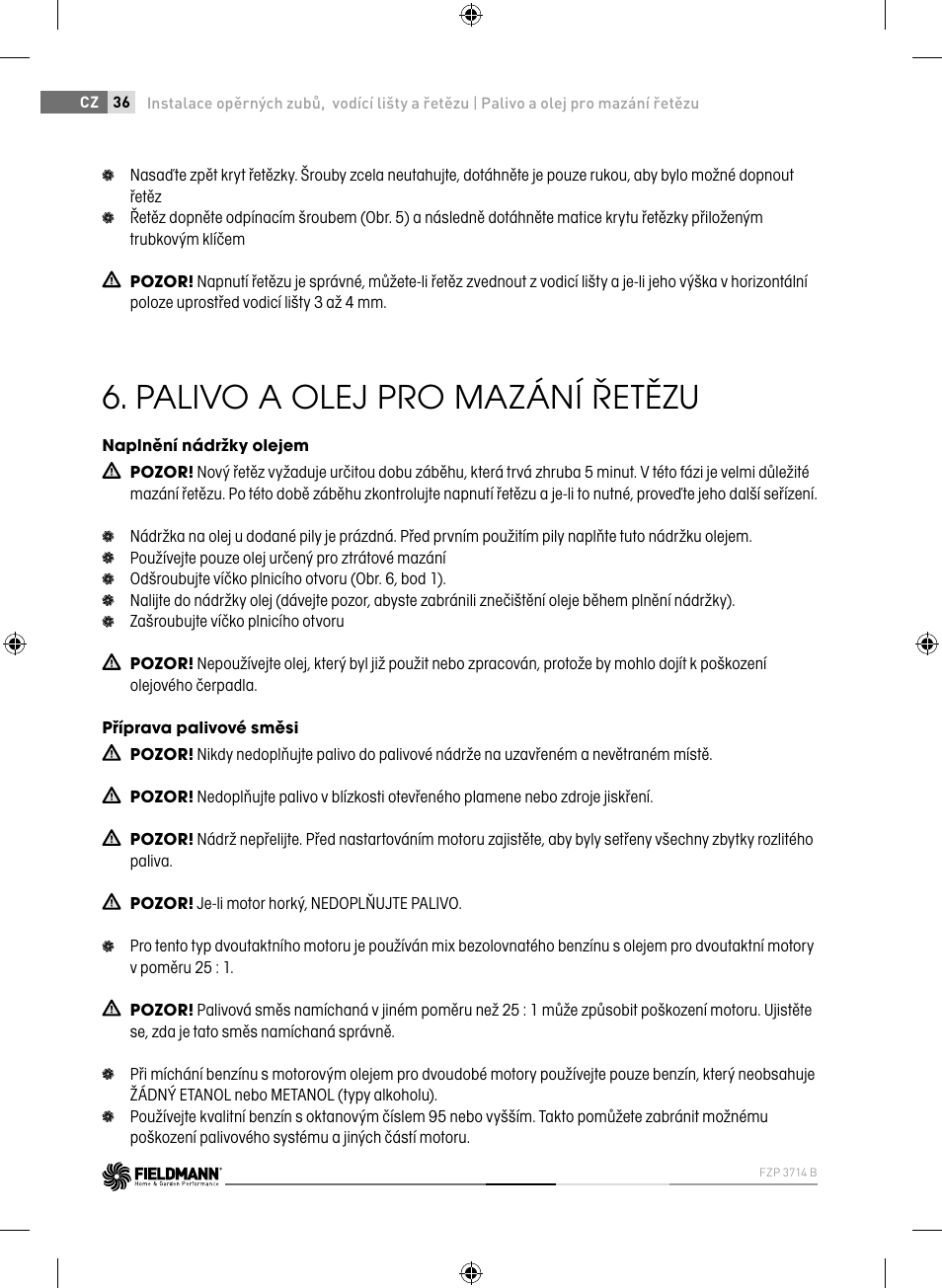 Palivo a olej pro mazání řetězu | Fieldmann FZP 3714-B User Manual | Page 36 / 156