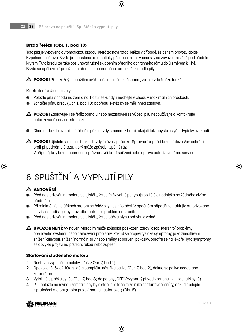 Spuštění a vypnutí pily | Fieldmann FZP 3714-B User Manual | Page 38 / 156