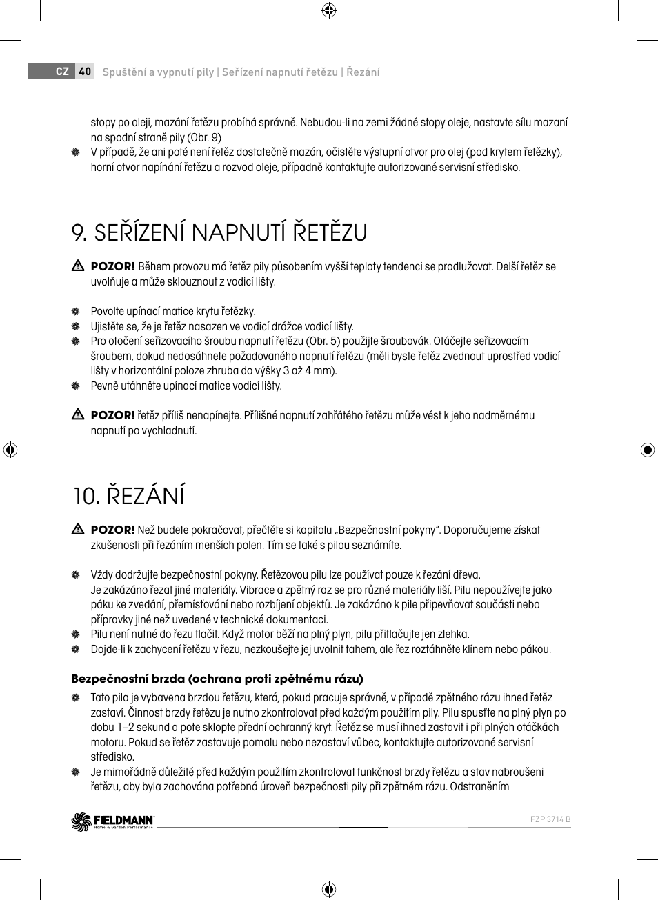 Seřízení napnutí řetězu, Řezání | Fieldmann FZP 3714-B User Manual | Page 40 / 156