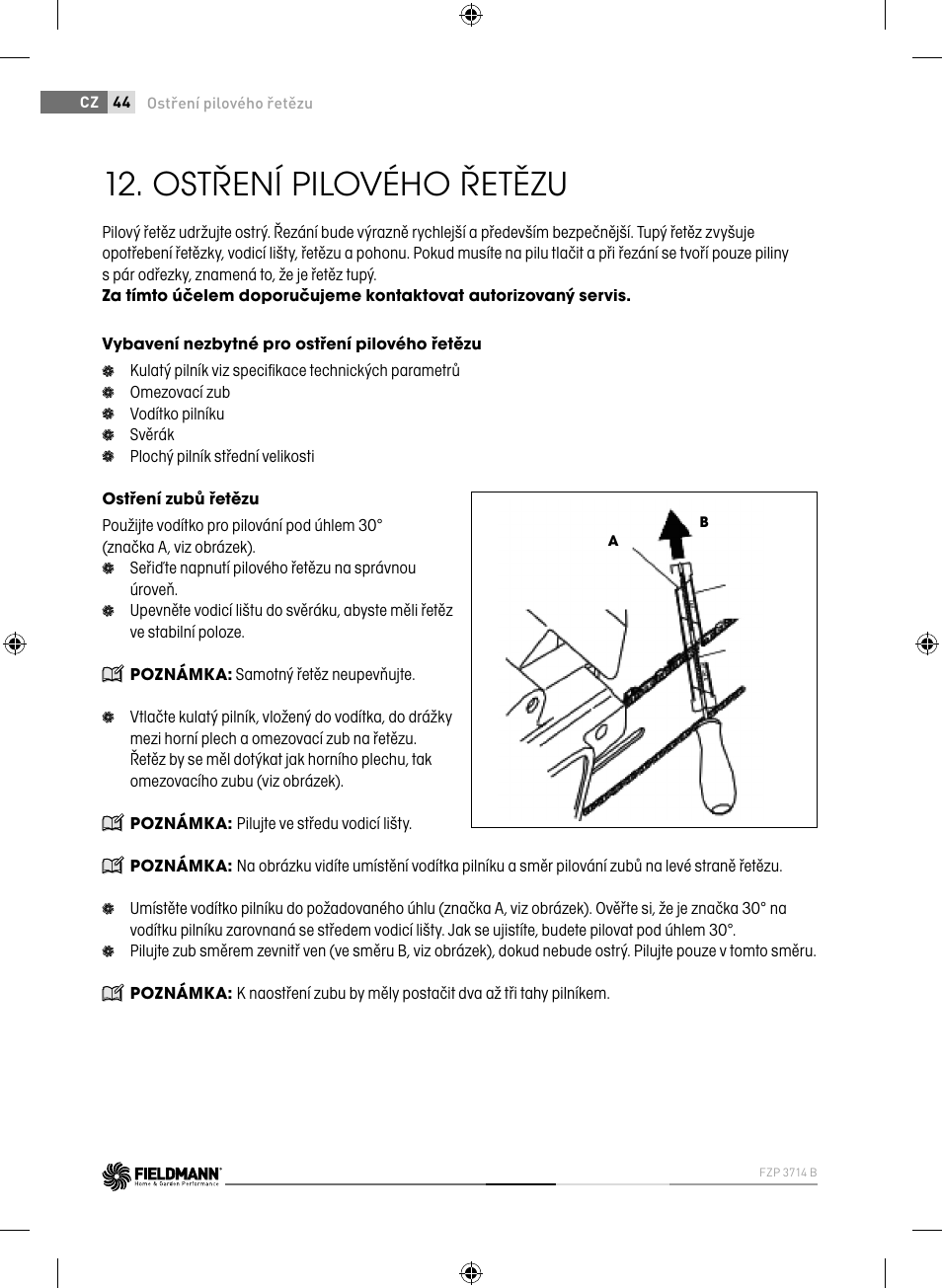 Ostření pilového řetězu | Fieldmann FZP 3714-B User Manual | Page 44 / 156