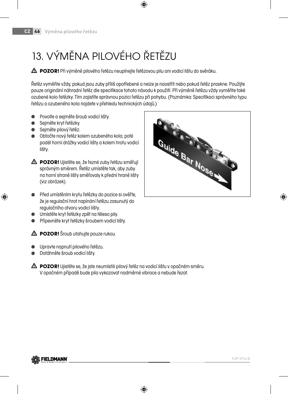 Výměna pilového řetězu | Fieldmann FZP 3714-B User Manual | Page 46 / 156