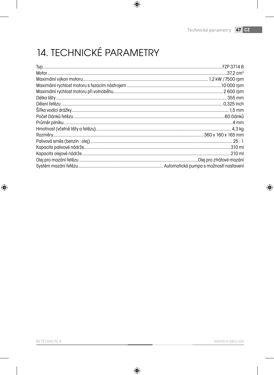 Technické parametry | Fieldmann FZP 3714-B User Manual | Page 47 / 156