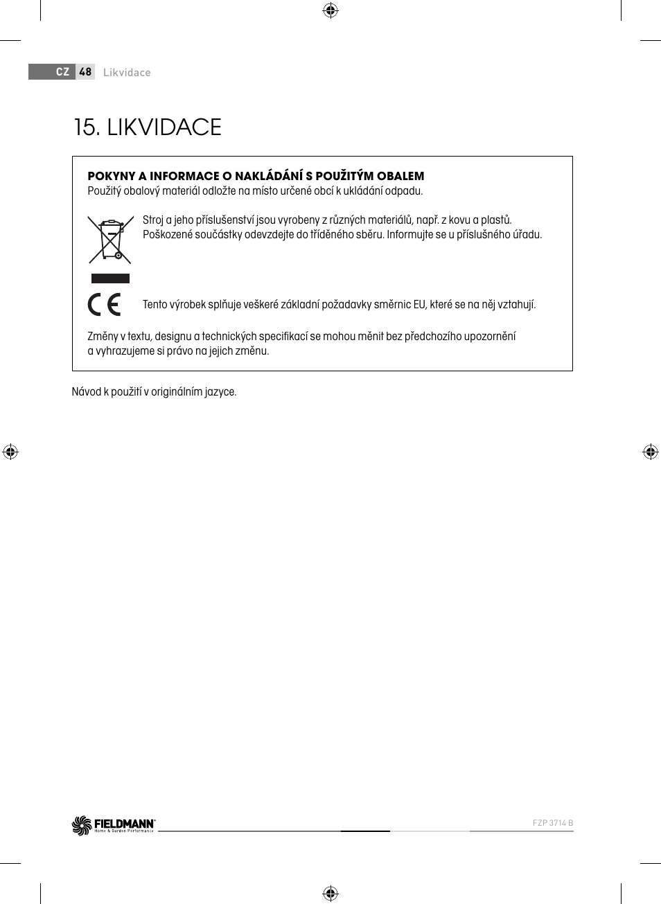 Likvidace | Fieldmann FZP 3714-B User Manual | Page 48 / 156